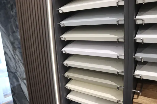 Racks of grey and white finish samples